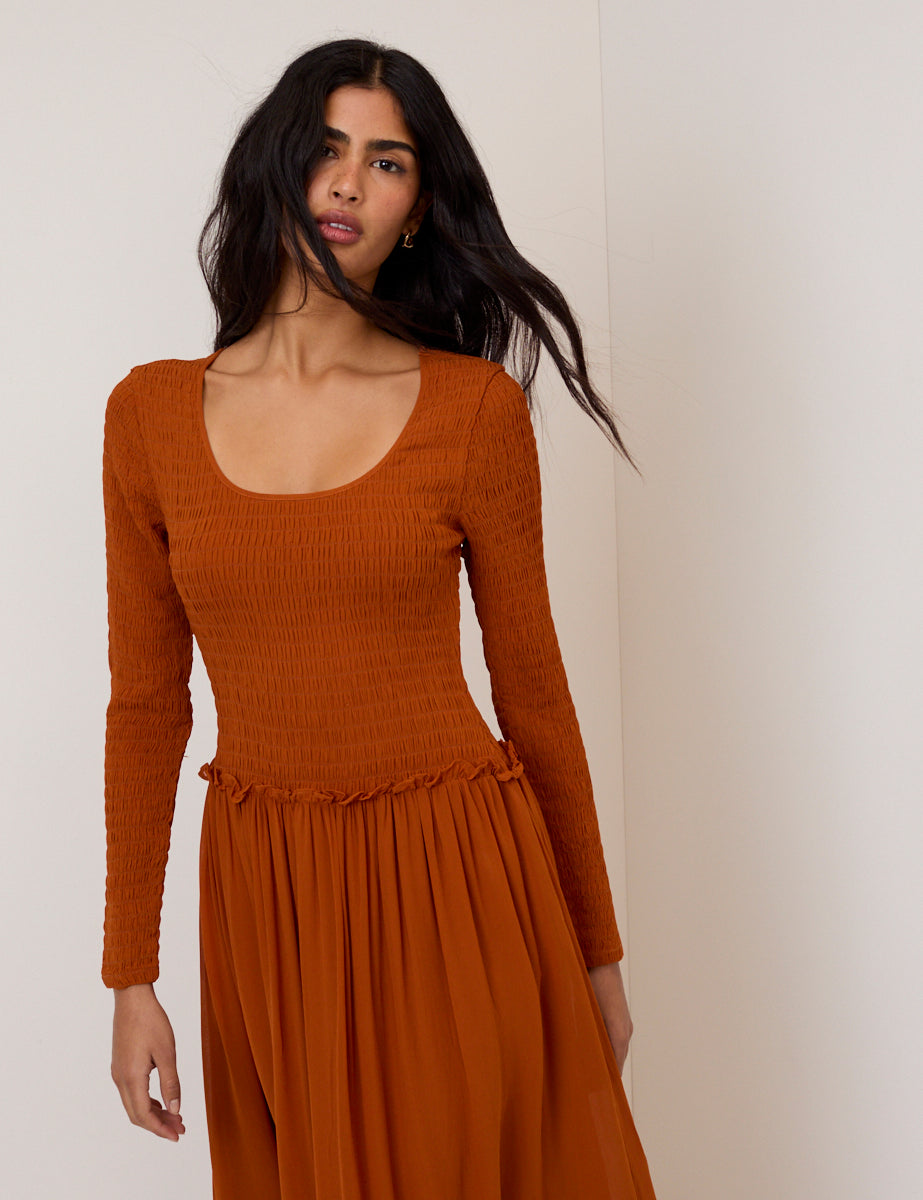 Burnt Orange Shirred Long Sleeve Sorelle Midi Dress Burnt Orange Shirred Long Sleeve Sorelle Midi Dress
