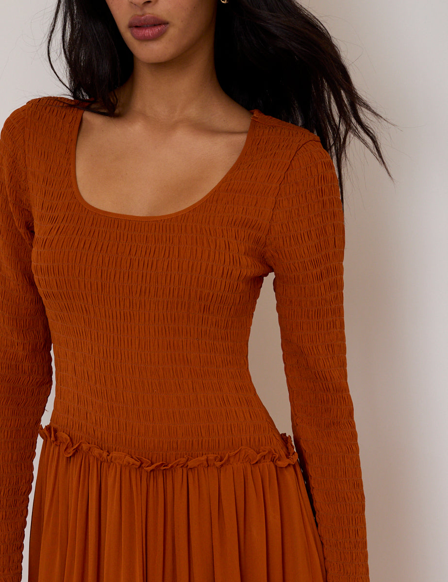 Burnt Orange Shirred Long Sleeve Sorelle Midi Dress Burnt Orange Shirred Long Sleeve Sorelle Midi Dress