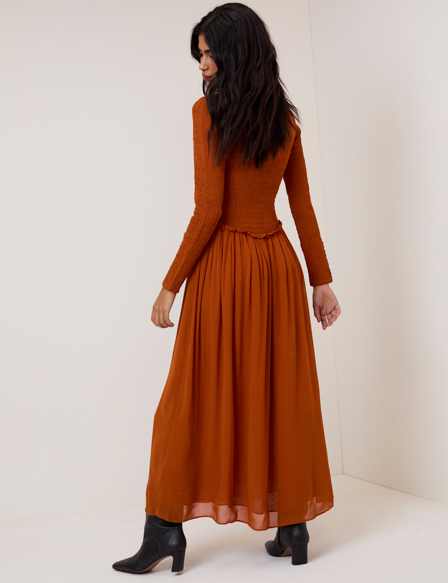 Burnt Orange Shirred Long Sleeve Sorelle Midi Dress Burnt Orange Shirred Long Sleeve Sorelle Midi Dress