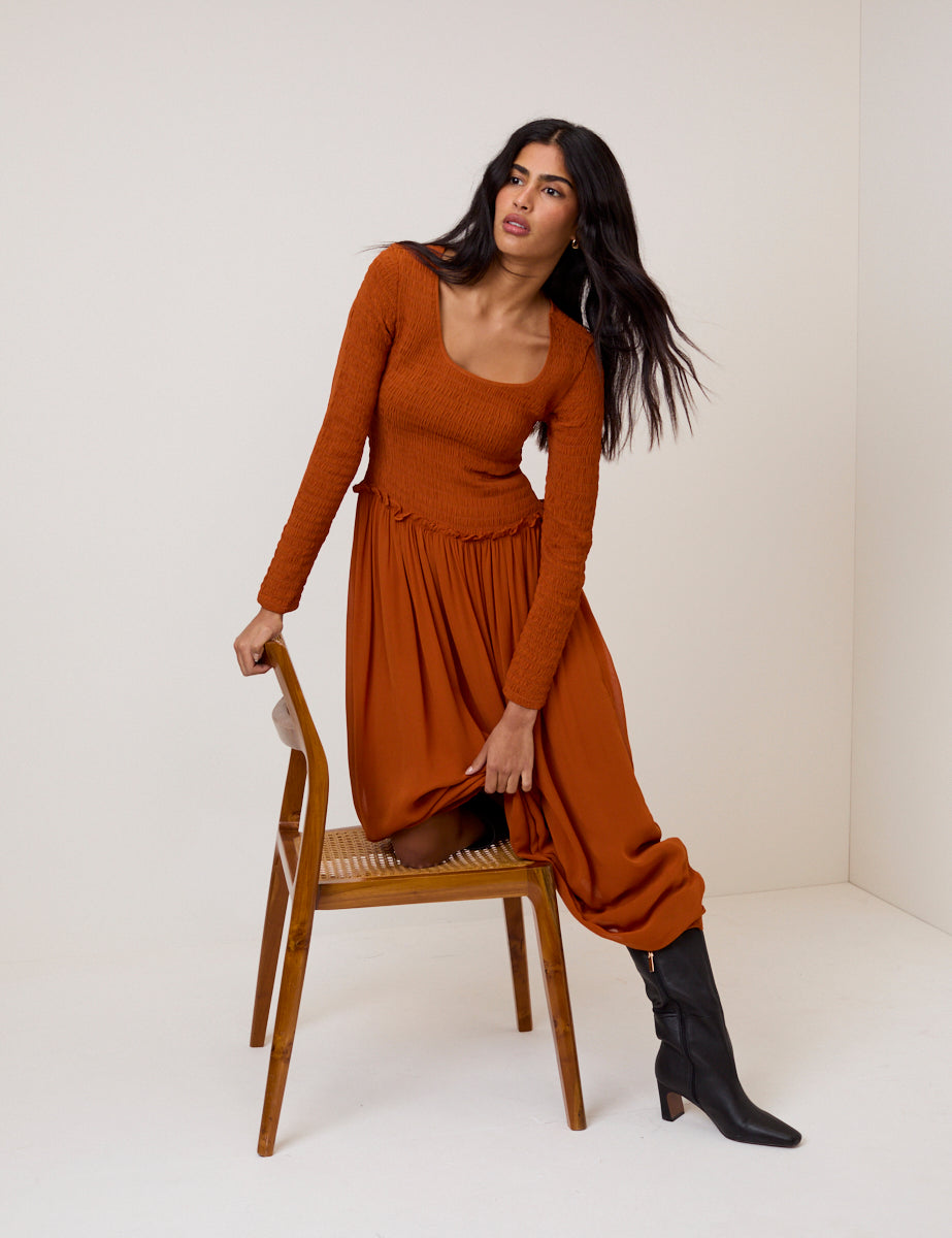Burnt Orange Shirred Long Sleeve Sorelle Midi Dress Burnt Orange Shirred Long Sleeve Sorelle Midi Dress