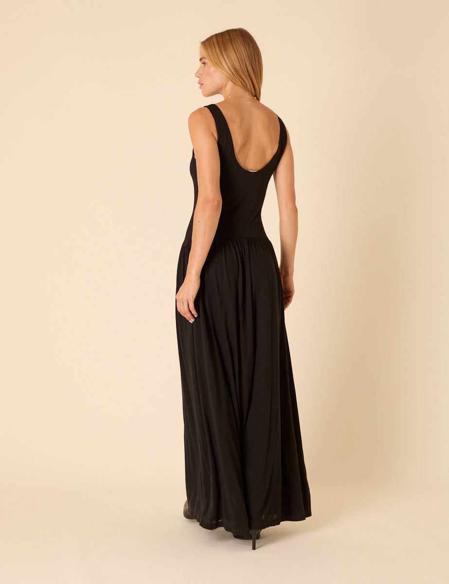 Black Drop Waist Camille Midi Dress