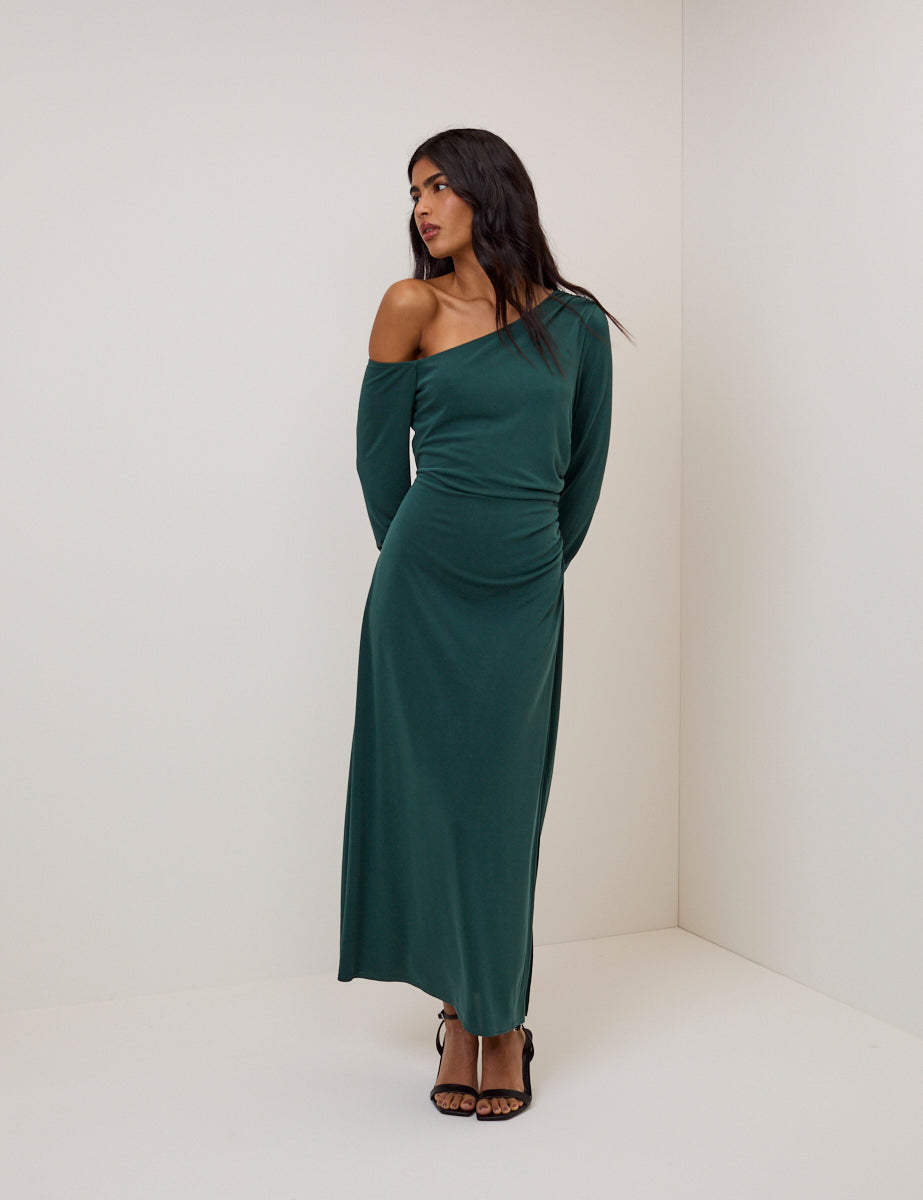 Green Asymmetric Long Sleeve Jersey Bethany Midi Dress