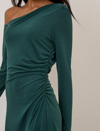 Green Asymmetric Long Sleeve Jersey Bethany Midi Dress