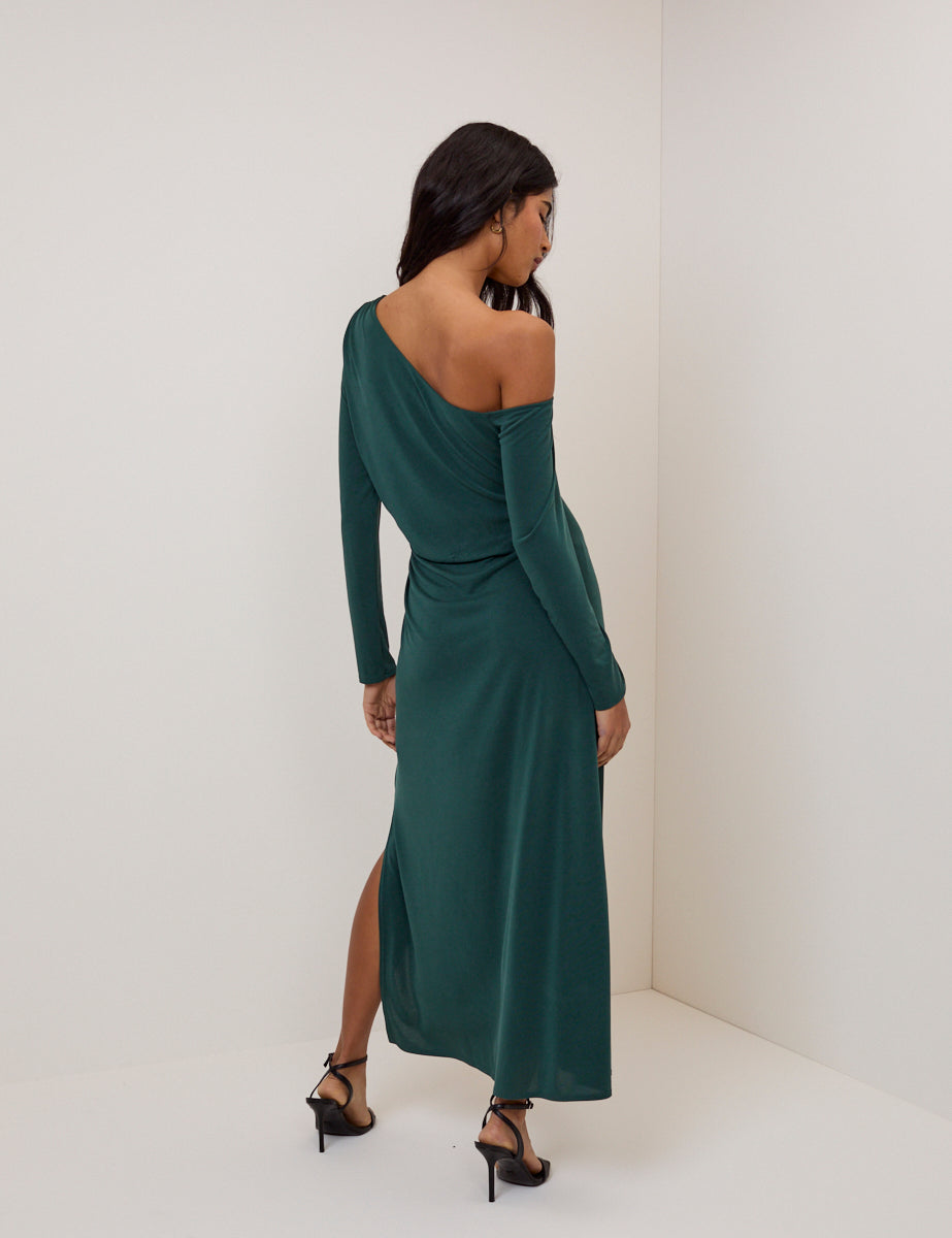 Green Asymmetric Long Sleeve Jersey Bethany Midi Dress