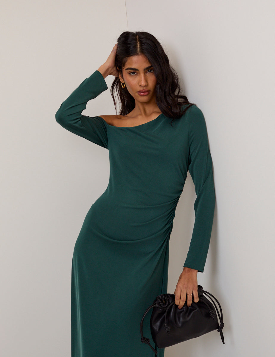 Green Asymmetric Long Sleeve Jersey Bethany Midi Dress