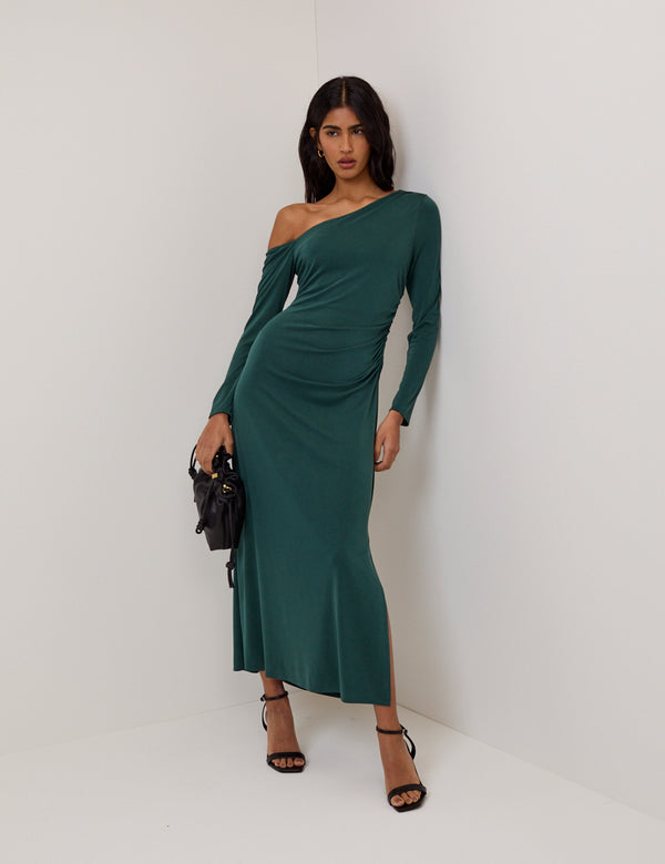 Green Asymmetric Long Sleeve Jersey Bethany Midi Dress