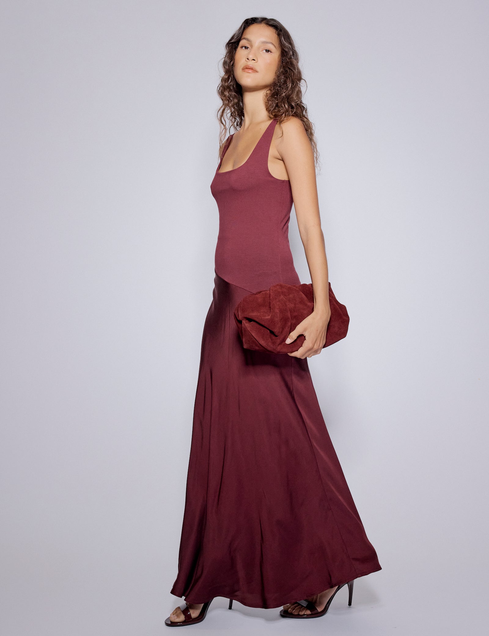 Burgundy Asymmetrical Drop Waist Valentina Midi Dress Burgundy Asymmetrical Drop Waist Valentina Midi Dress