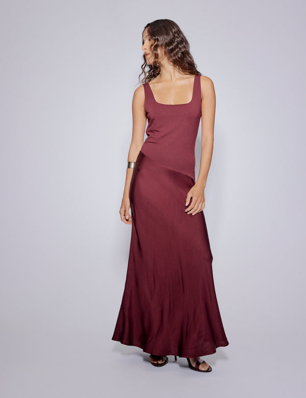Burgundy Asymmetrical Drop Waist Valentina Midi Dress
