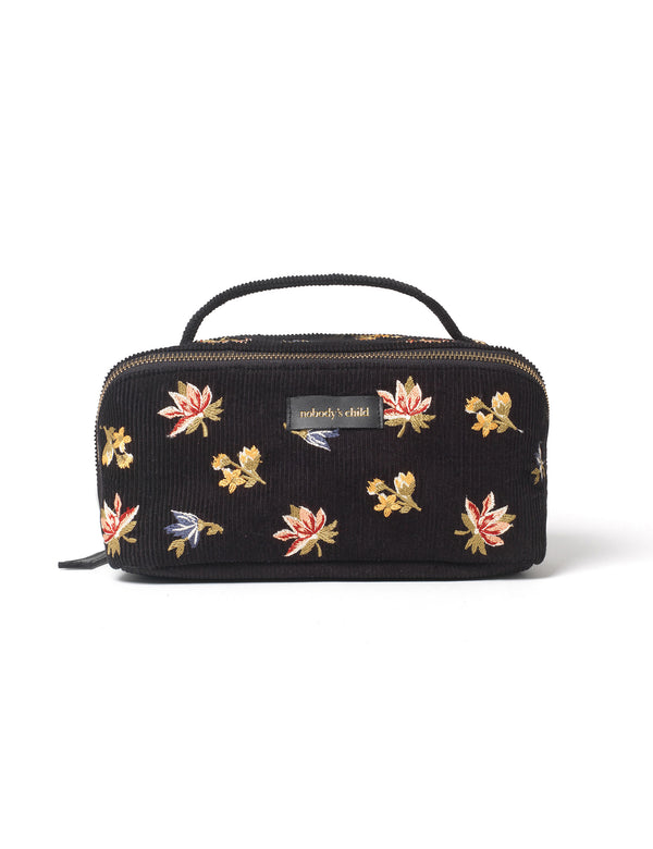 Black Cord Floral Embroidered Makeup Bag