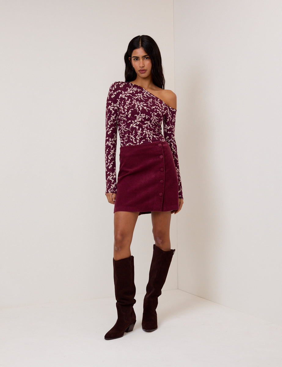 Burgundy One Shoulder Floral Top