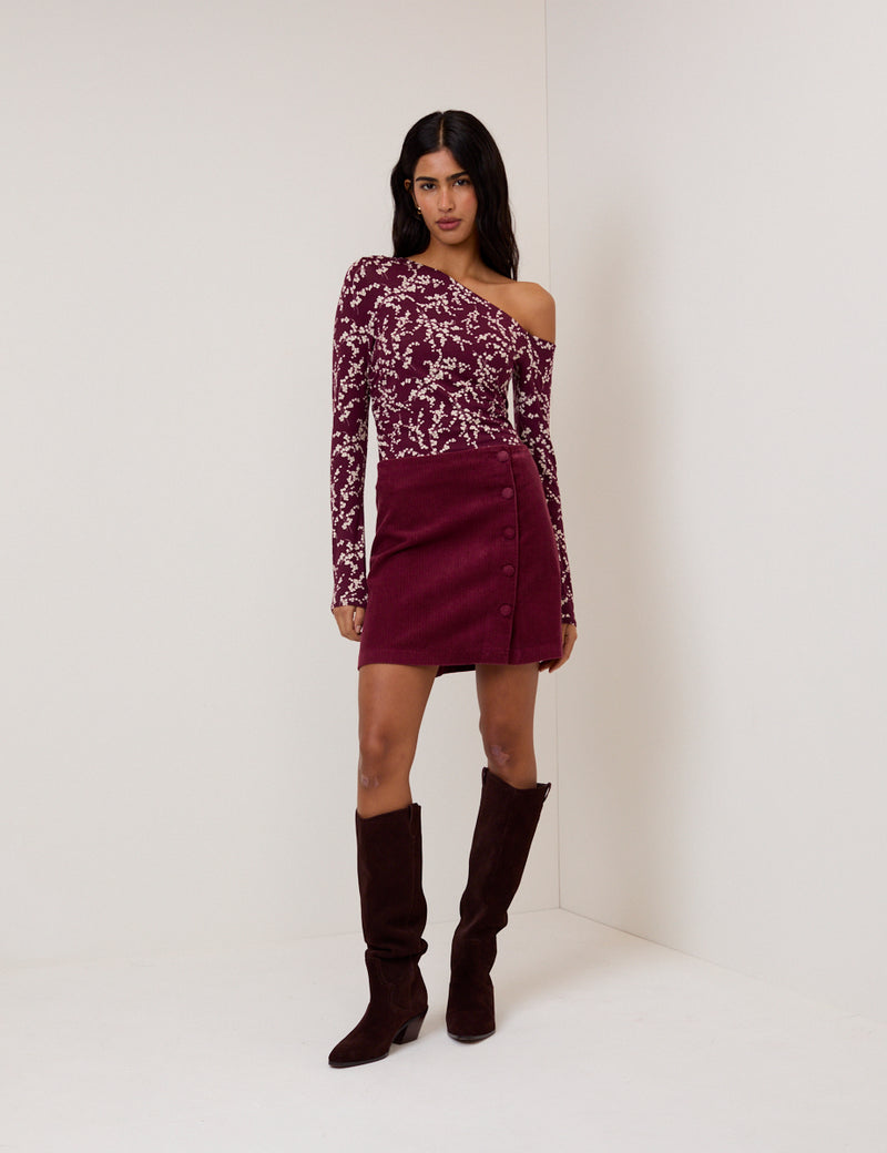 Burgundy One Shoulder Floral Top