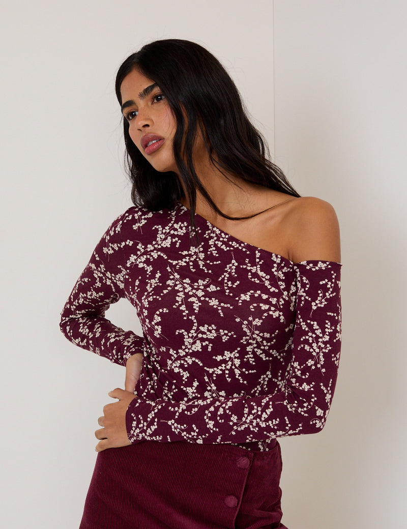 Burgundy One Shoulder Floral Top