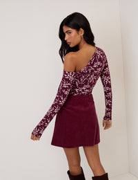 Burgundy One Shoulder Floral Top