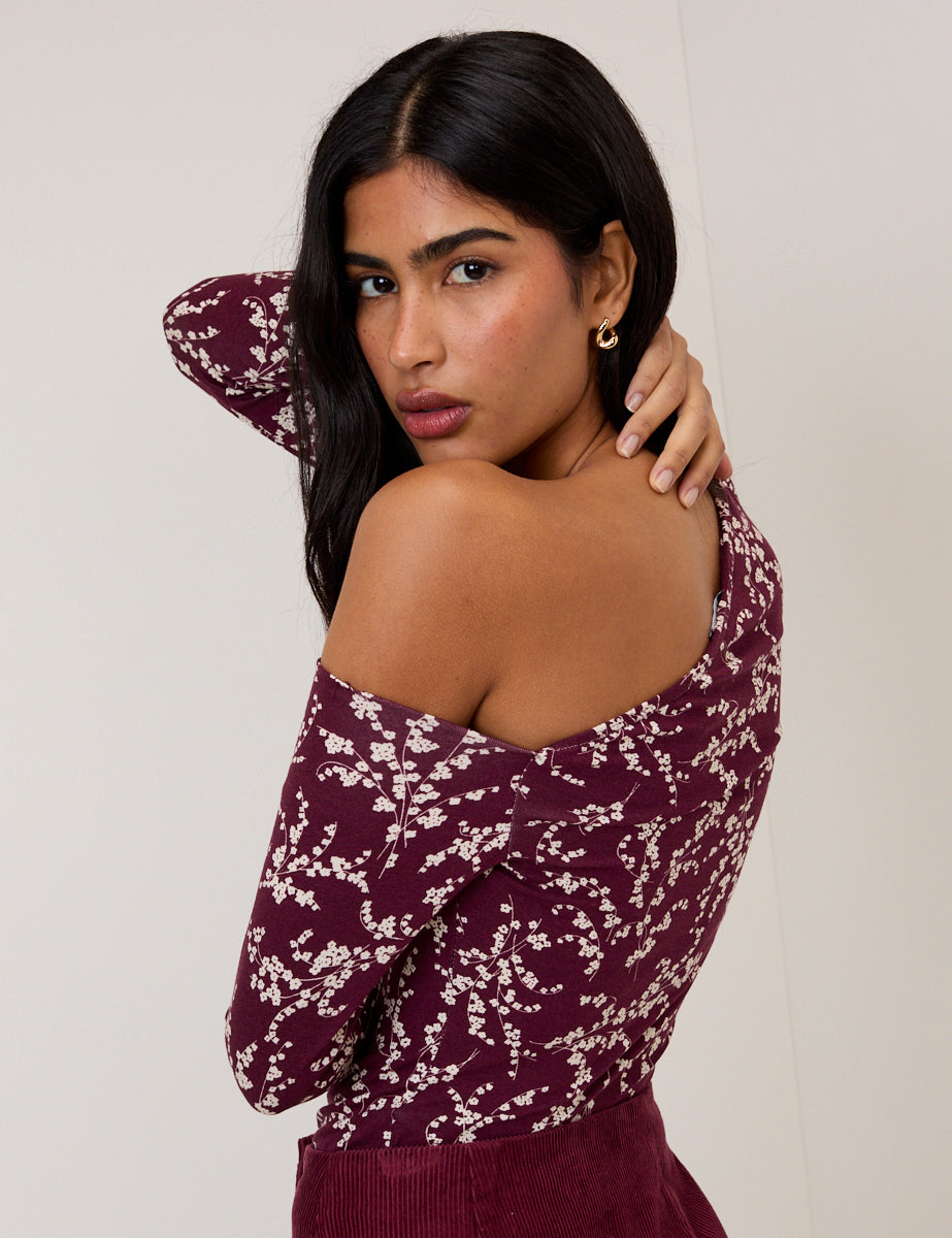 Burgundy One Shoulder Floral Top
