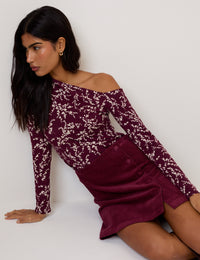 Burgundy One Shoulder Floral Top