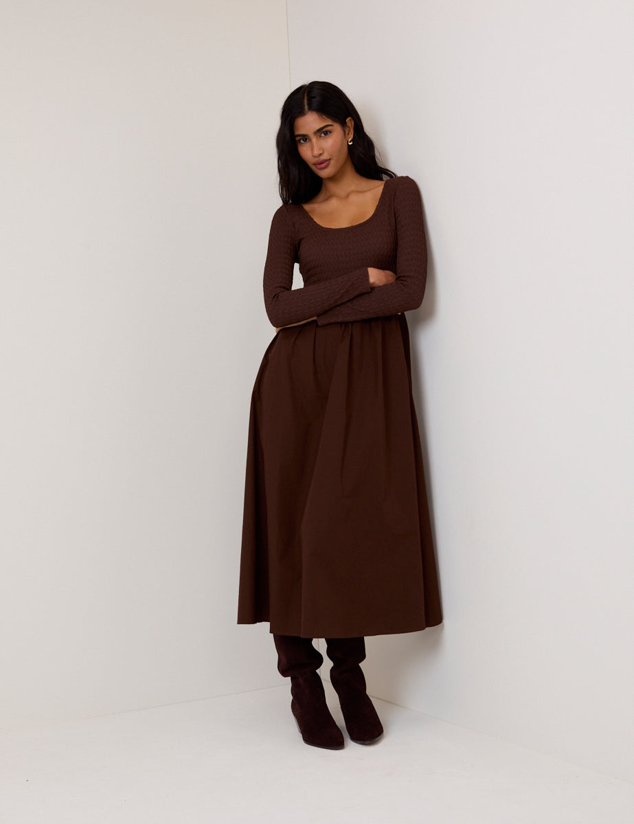 Brown Shirred Scoop Neck Molly Midi Dress