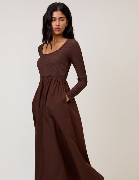 Brown Shirred Scoop Neck Molly Midi Dress