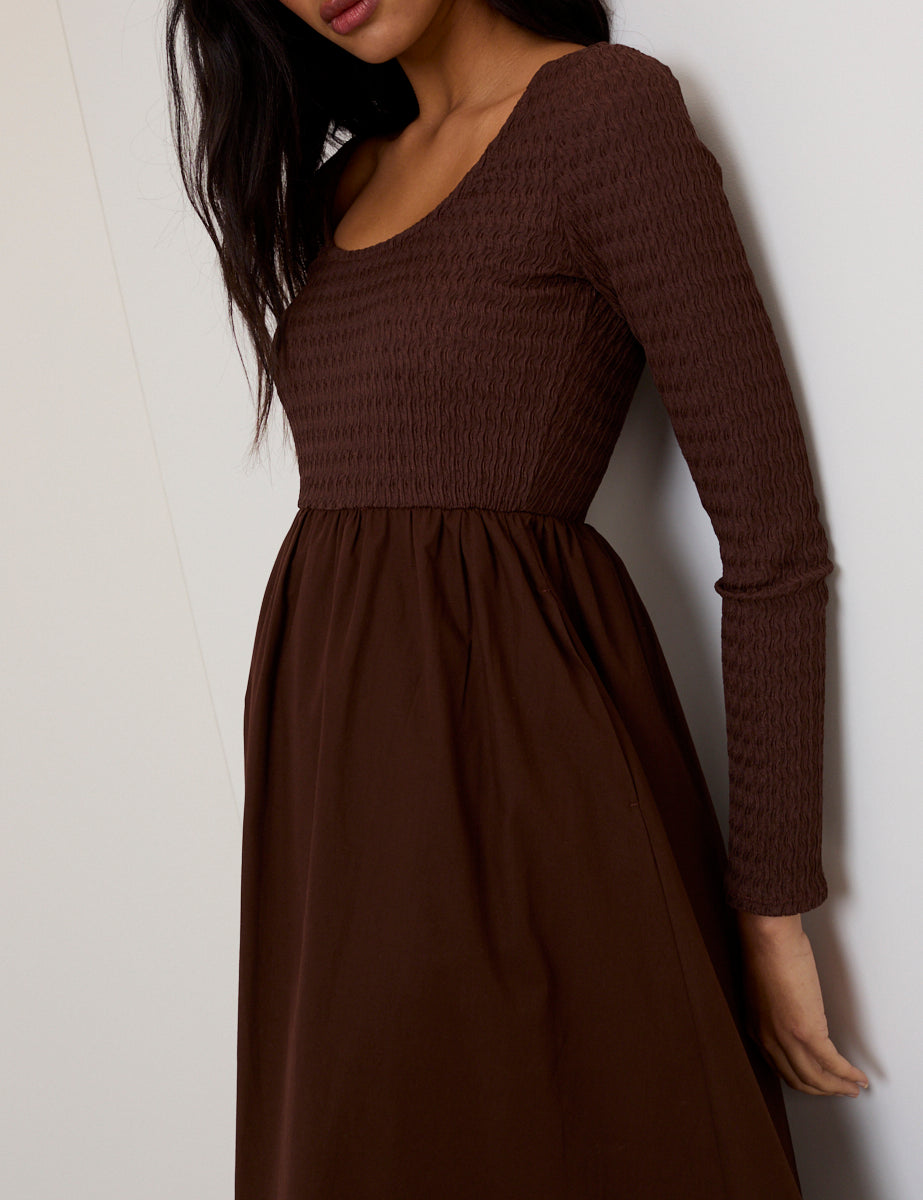 Brown Shirred Scoop Neck Molly Midi Dress Brown Shirred Scoop Neck Molly Midi Dress