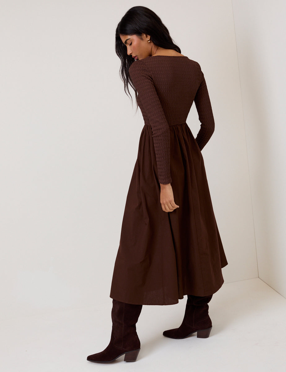 Brown Shirred Scoop Neck Molly Midi Dress Brown Shirred Scoop Neck Molly Midi Dress