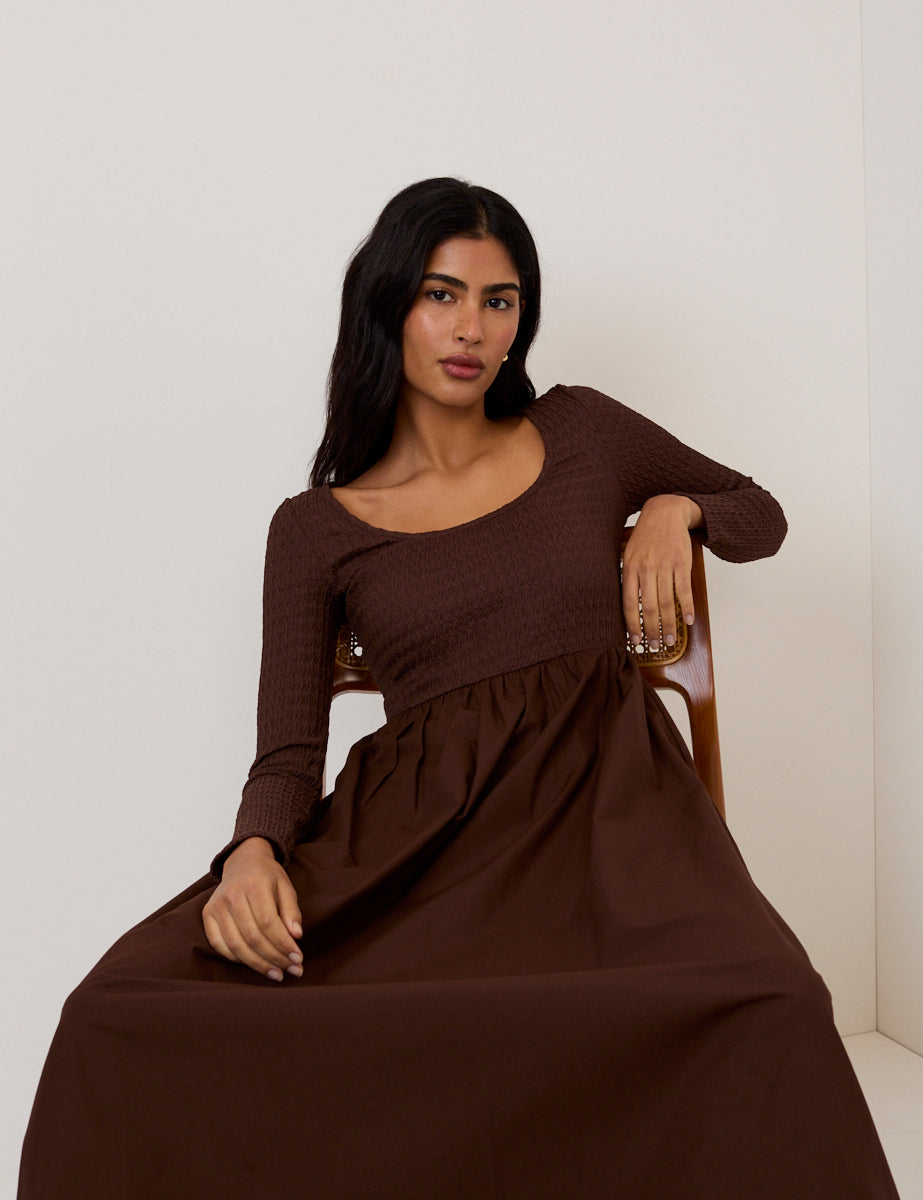 Brown Shirred Scoop Neck Molly Midi Dress