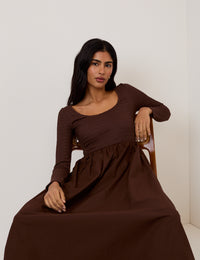 Brown Shirred Scoop Neck Molly Midi Dress