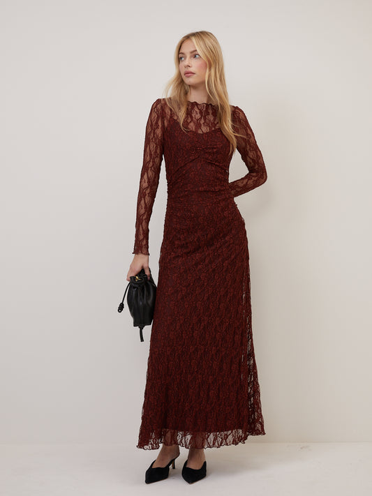 Burgundy Lace Mallory Long Sleeve Midi Dress