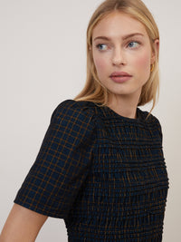 Navy Blue Check Shirred Cord Top