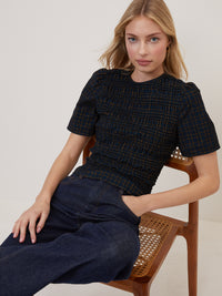 Navy Blue Check Shirred Cord Top