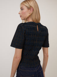 Navy Blue Check Shirred Cord Top