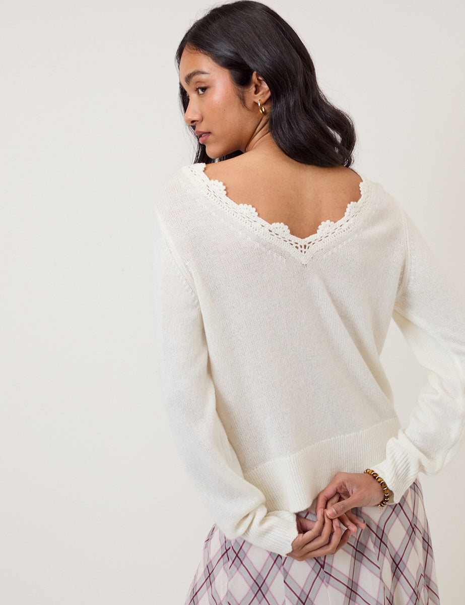 White Crochet Trim V-Neck Jumper