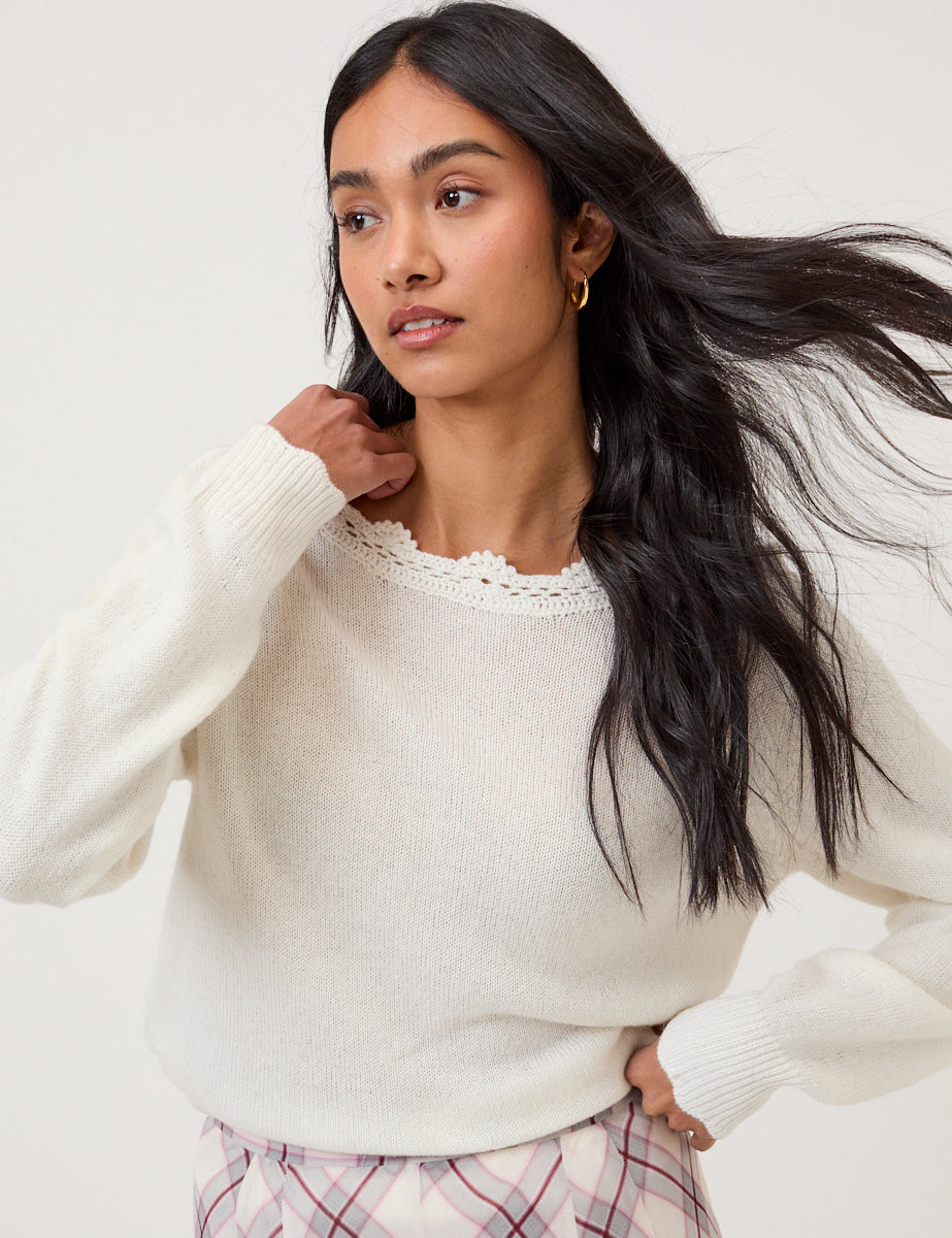 White Crochet Trim V-Neck Jumper