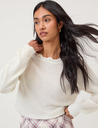 White Crochet Trim V-Neck Jumper