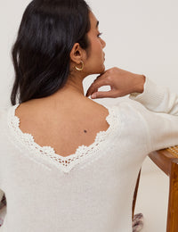 White Crochet Trim V-Neck Jumper
