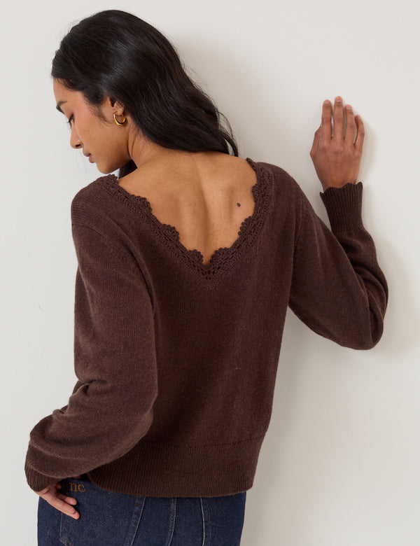 Chocolate Brown Crochet Trim V-Neck Jumper