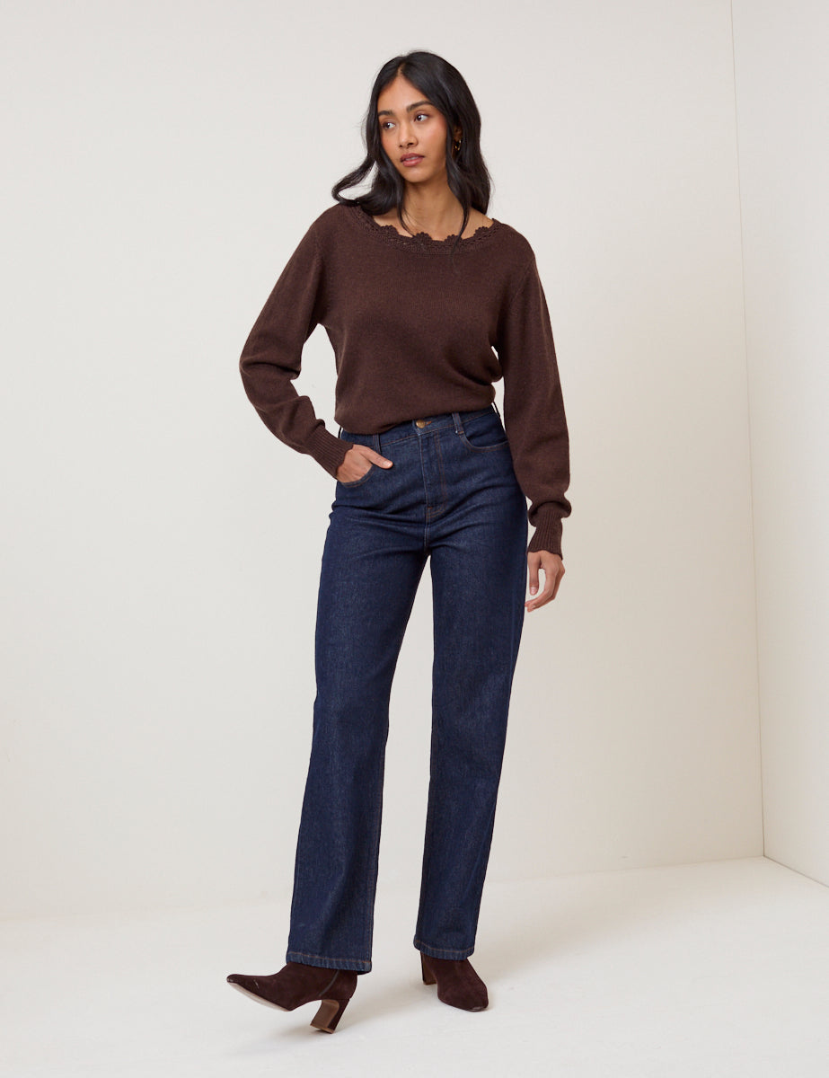Chocolate Brown Crochet Trim V-Neck Jumper