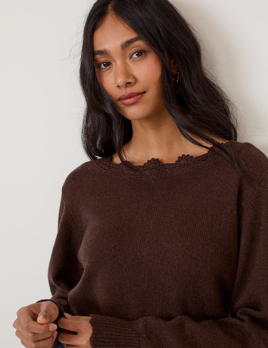 Chocolate Brown Crochet Trim V-Neck Jumper
