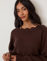 Chocolate Brown Crochet Trim V-Neck Jumper