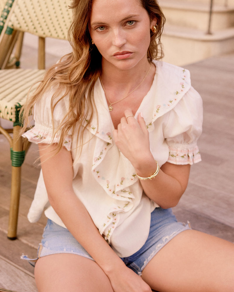 White Floral Ruffle Trim Blouse