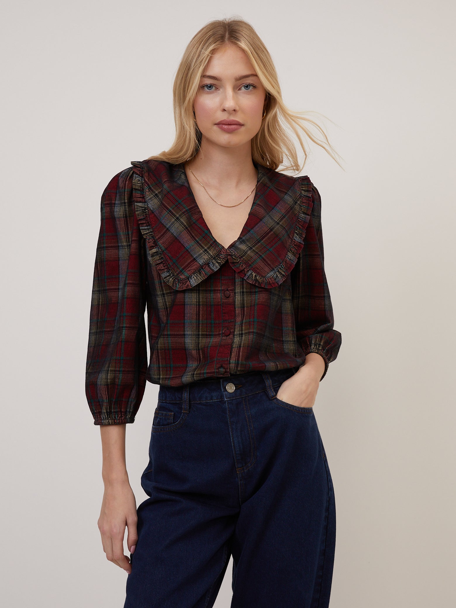 Burgundy Tartan Cord Peter Pan Collar Emmie Blouse