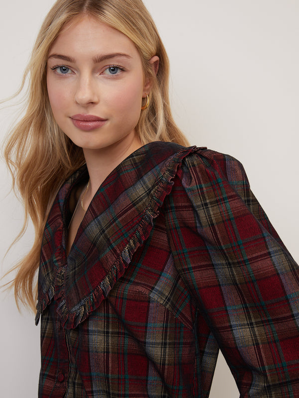 Burgundy Tartan Cord Peter Pan Collar Emmie Blouse