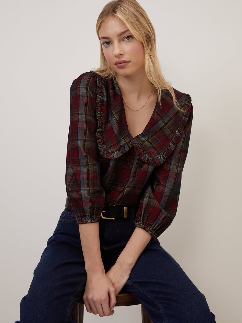 Burgundy Tartan Cord Peter Pan Collar Emmie Blouse