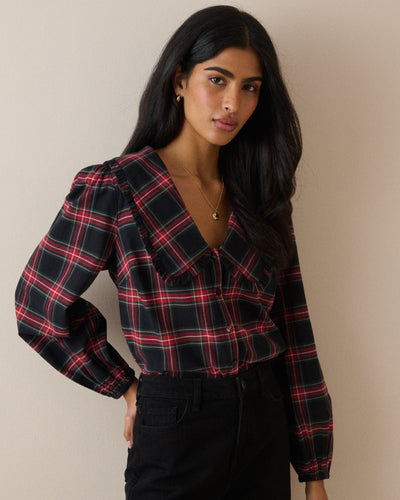 Red Tartan Cord Oversized Collar Blouse