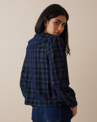 Navy Tartan Cord Oversized Collar Blouse