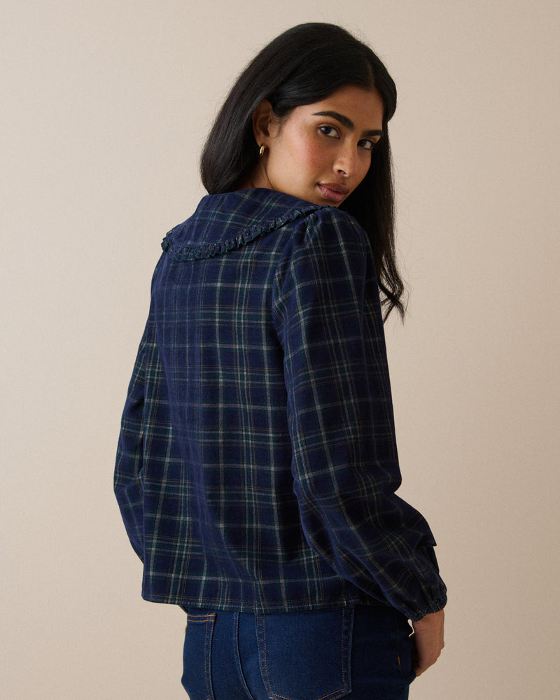 Navy Tartan Cord Oversized Collar Blouse
