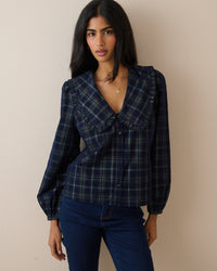 Navy Tartan Cord Oversized Collar Blouse