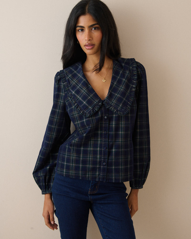 Navy Tartan Cord Oversized Collar Blouse