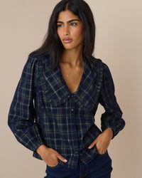 Navy Tartan Cord Oversized Collar Blouse