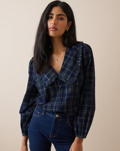 Navy Tartan Cord Oversized Collar Blouse