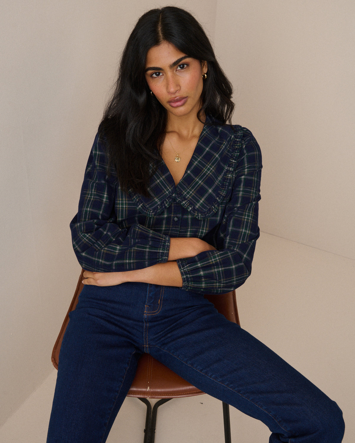 Navy Tartan Cord Oversized Collar Blouse
