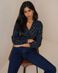 Navy Tartan Cord Oversized Collar Blouse